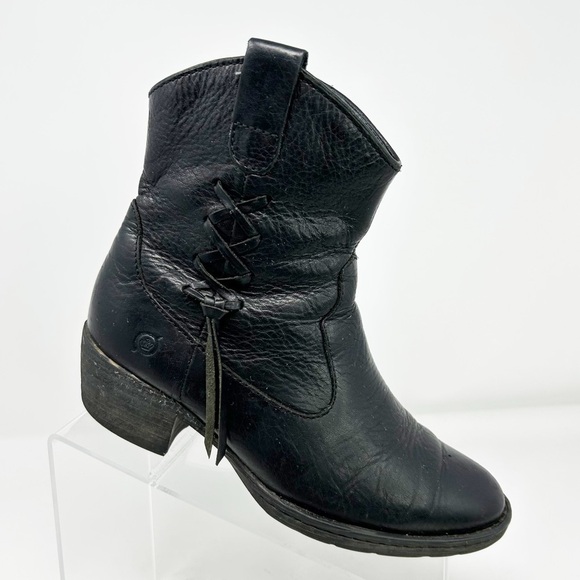 Born Karin Black Laced Leather Western Style Heeled Ankle Boots Size 6.5 - Picture 1 of 13